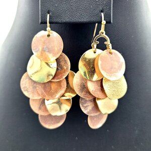 Metal & Mother of Pearl Disc Chandelier Earrings Goldtone Metal Hook Back 2"